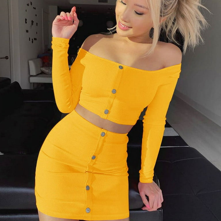 REORIAFEE Travel Outfits for Women Going out Outfits Summer Women's Button  Tight Sexy Two Piece Long Sleeve Off Shoulder + Half Body Skirt Set Yellow