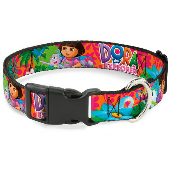 Nickelodeon Pet Collar, Dog Collar Plastic Buckle, Dora the Explorer Dora Poses Floral Collage Orange Pink, 7 to 8.5 Inches 0.5 Inch Wide