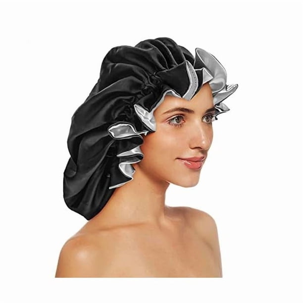 wonima11 Silk Bonnets for Women,Double Layer Extra Large Satin Sleeping Cap with Elastic,Satin Bonnet for Curly Hair,Satin Cap for Natural Hair, Women Girl(Black)