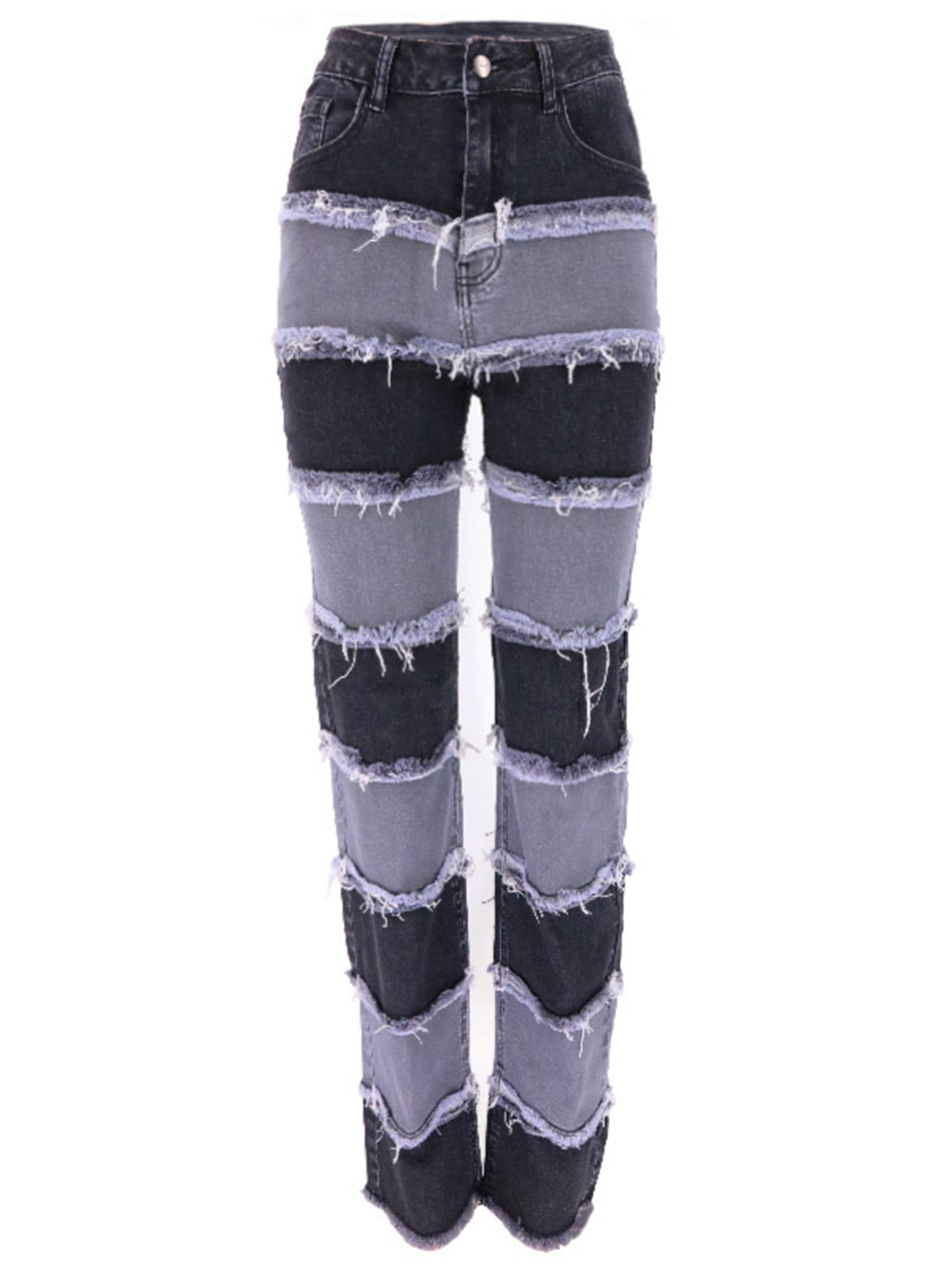 Womens Patchwork Straight Leg Jeans Mid 