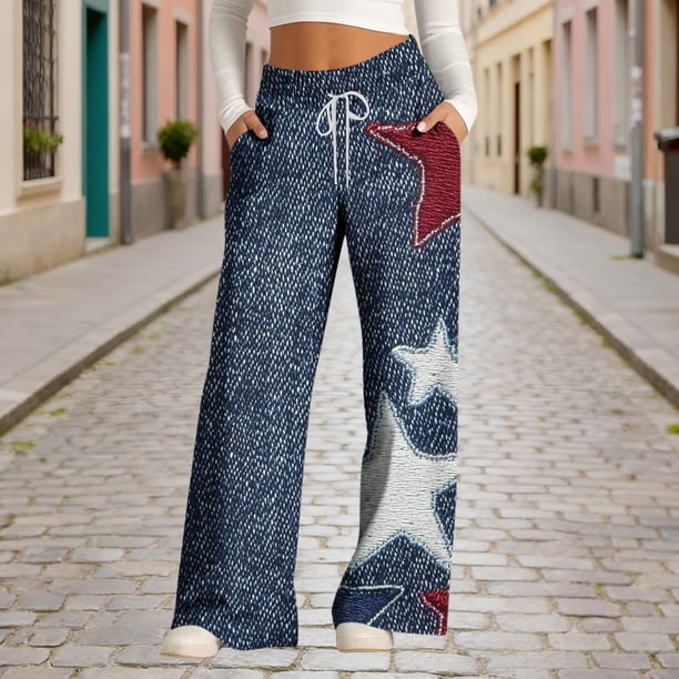 TaTaai Women Loose Casual Denim Print Wide Leg Pants Fashion Drawstring Waist with Pockets All Season Comfortable Daily Outdoor Fitness Wear Gift
