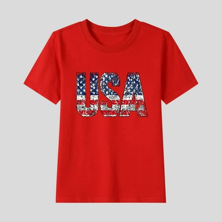 BLTIBY Girls Boys Summer Short Sleeve Top Child Kid Round Neck Independence Day Printed Cotton Shirts Infant Toddler Fashion Casual Loose Pullover Blouses Red 14-15 Years