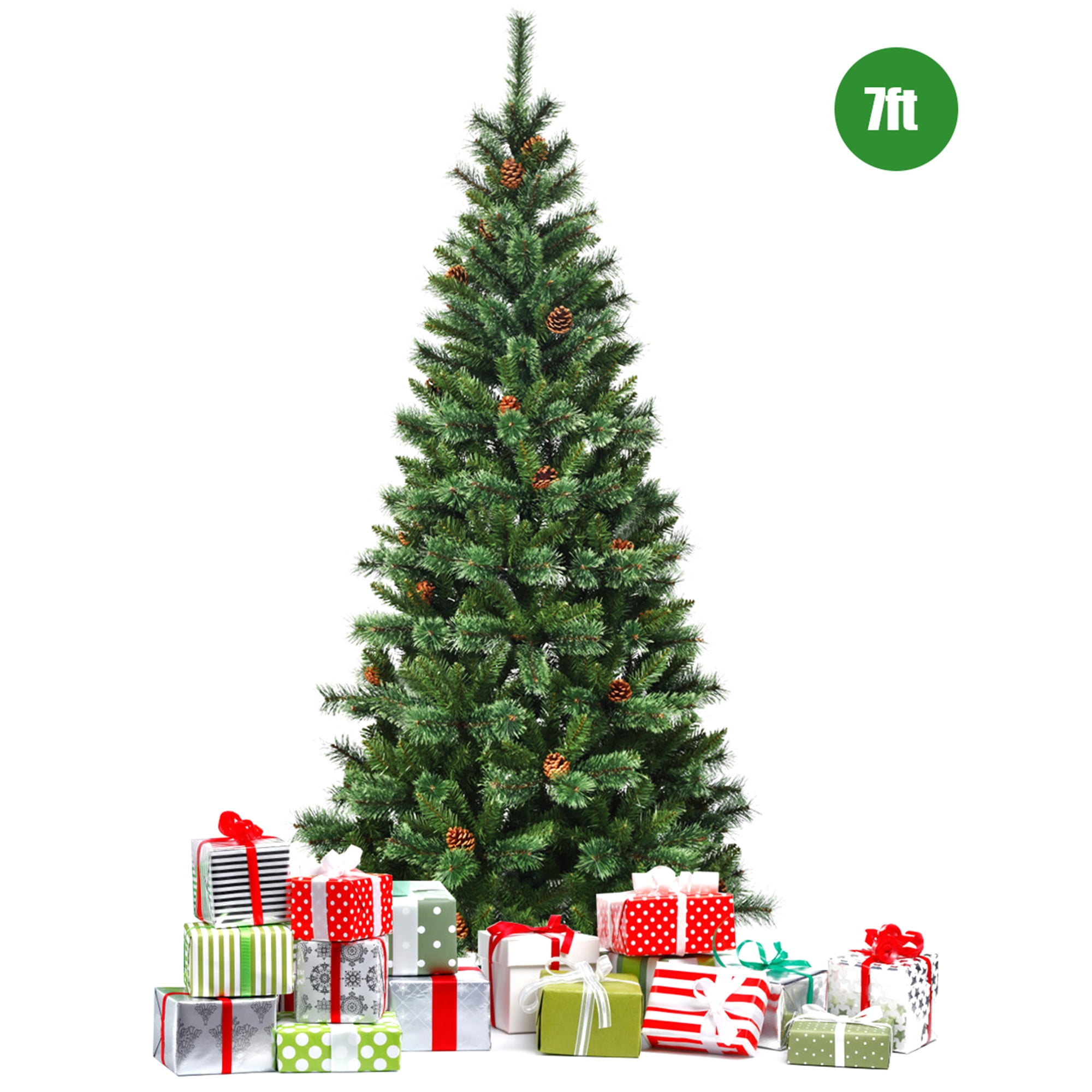 Gymax 7Ft Christmas Tree Artificial Hinged Tree w/ Pine Cones Metal Stand