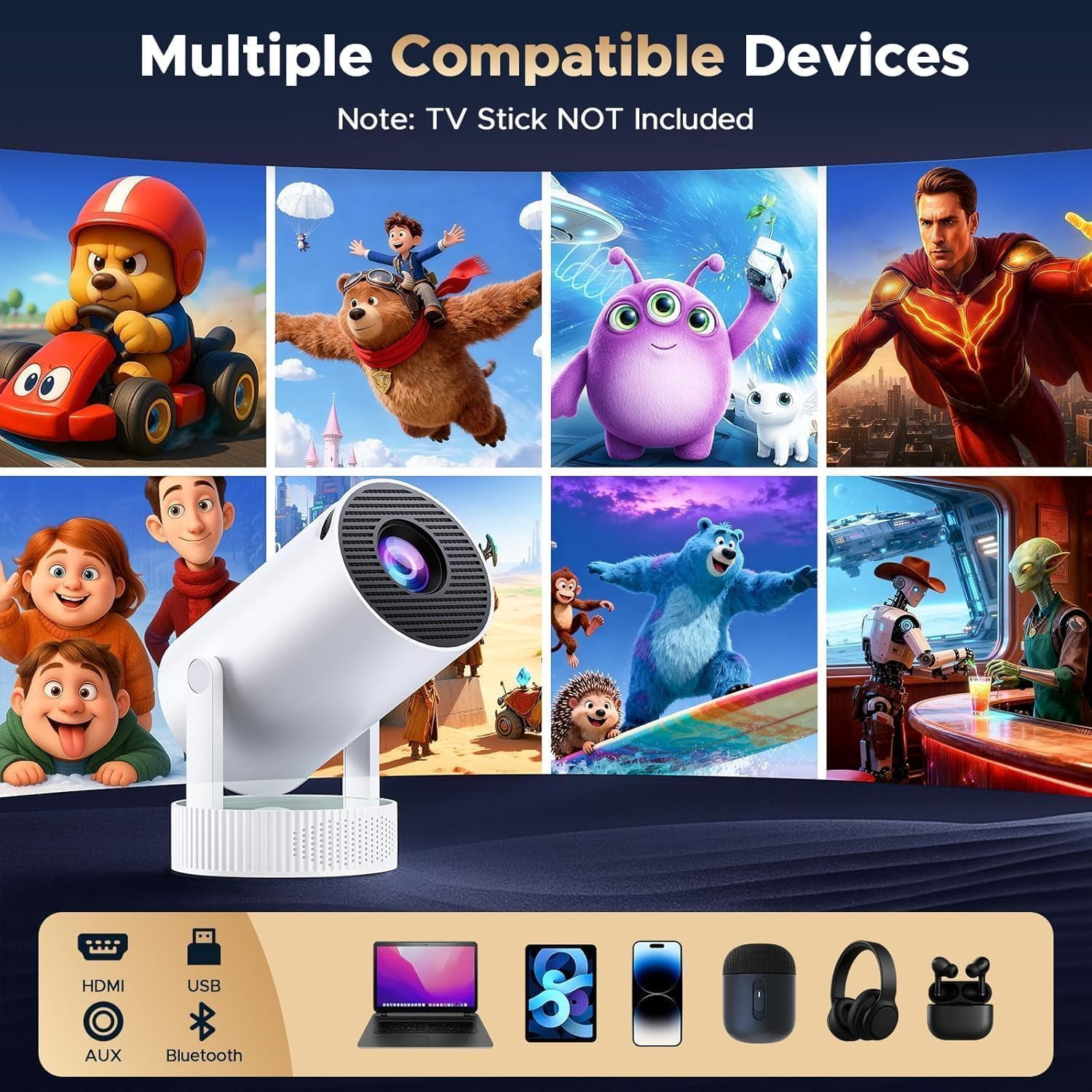 CAMPARK Mini Projector, Projector with Wifi and Bluetooth Built-in Battery 4K Portable Projector for Outdoor Bedroom, Smart Projectors 1080P Compatible with iphone/TV Stick/HDMI/Laptop