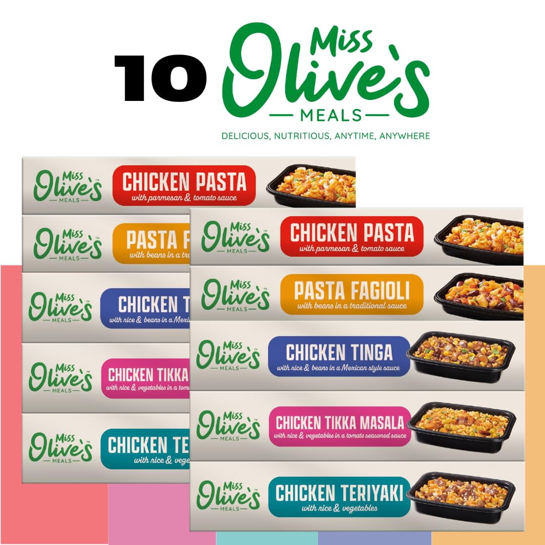 Miss Olive’s Ready Meals Variety Pack – 10 Pack (2 of Each Flavor) – Savory Entrées Including Tinga, Tikka, Teriyaki, Pasta Fagioli & Chicken Parm – Heat & Serve Microwave Meals, Larger Portions