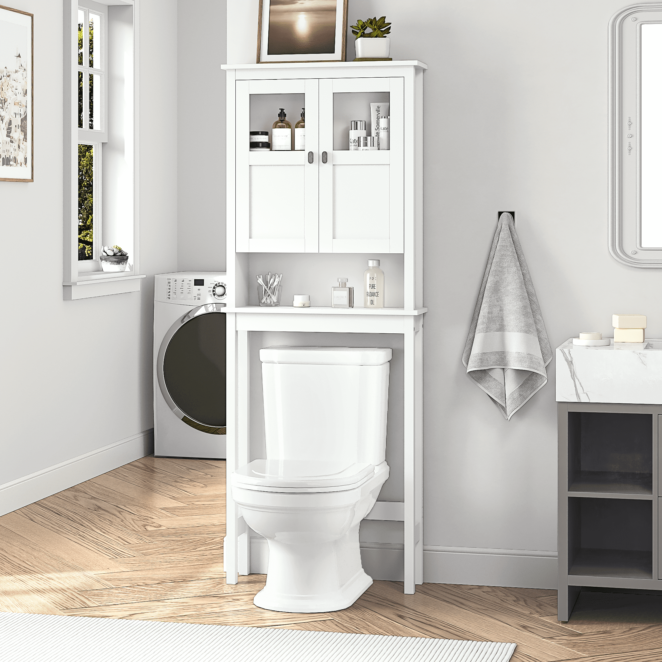 STAROUS Bathroom Cabinet Over Toilet, Bathroom Storage Cabinet with Glass Doors and Adjustable Shelves, Over The Toilet Storage Cabinet, White