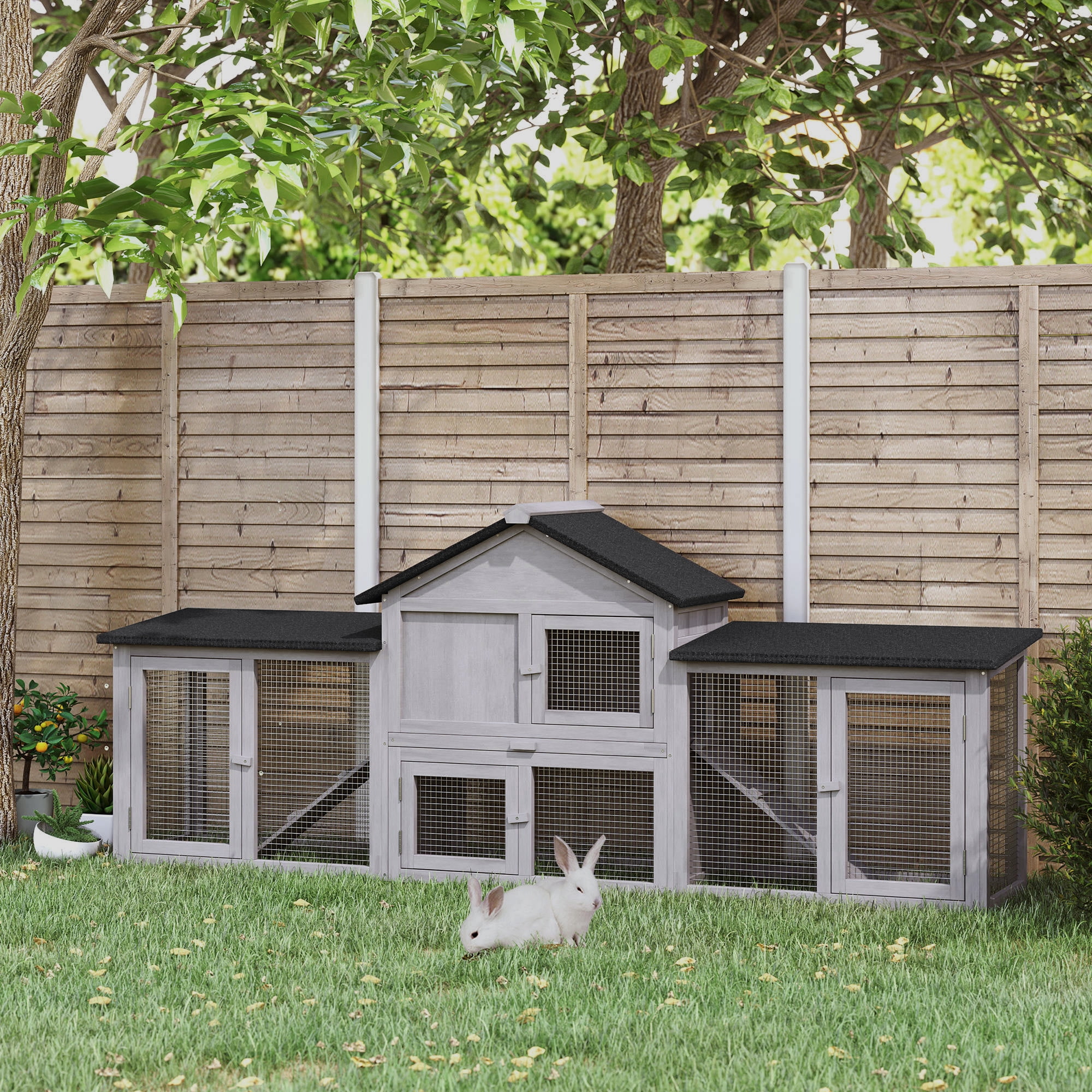 83"L Outdoor Rabbit Hutch, Guinea Pig Cage Indoor Outdoor Wooden Bunny Hutch with Double Runs, Weatherproof Roof, Removable Tray, Ramps, Gray