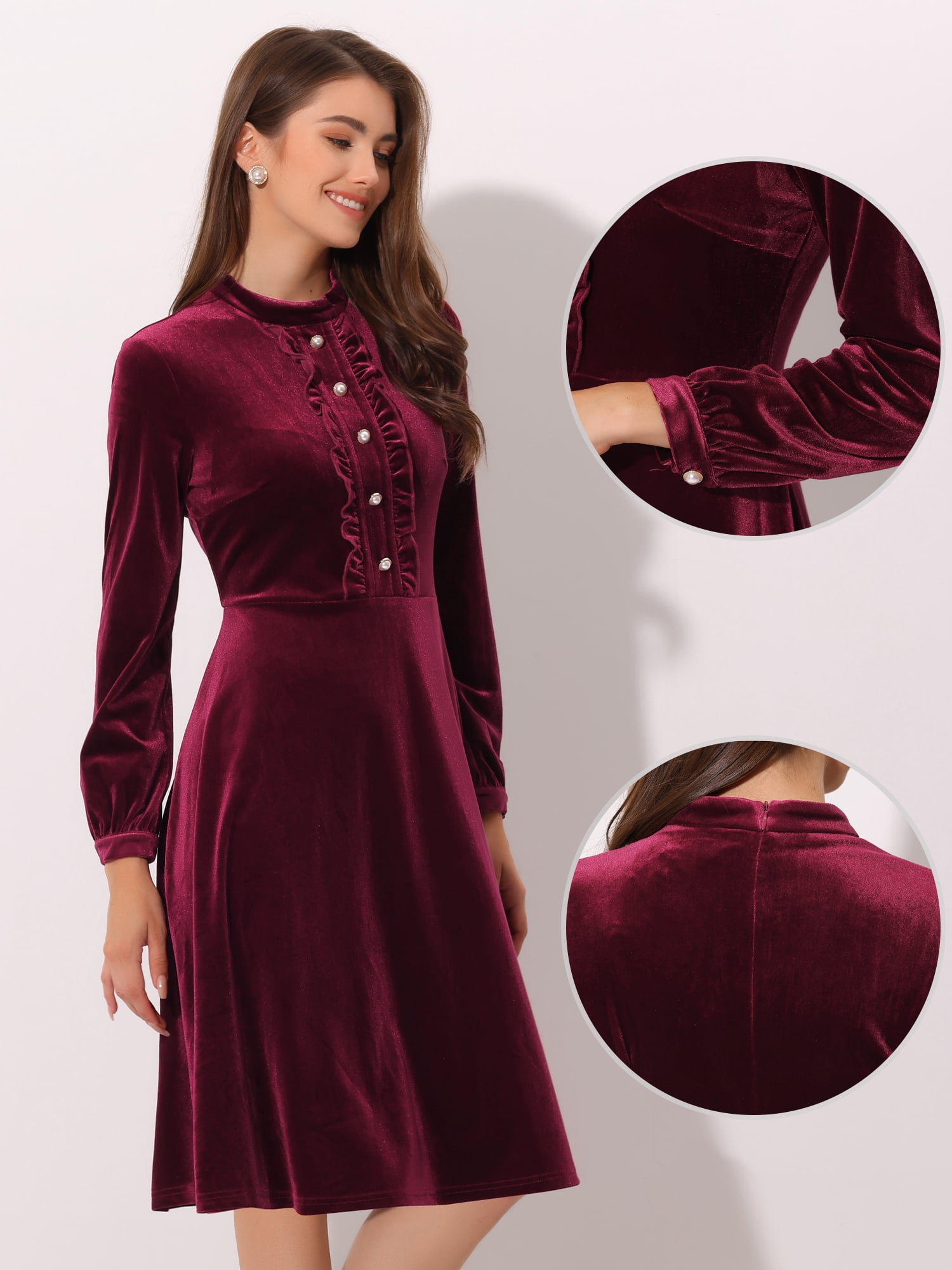 DARING DIVA Button Front Ruffle Vintage Flared Dress S Burgundy