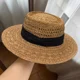 thumbnail image 2 of Sombrero de paja hecho a mano para mujer, nuevo estilo, Riviera francesa, vacaciones en la playa, tejido calado, gorra con protección solar superior plana, talla grande, 2 of 5