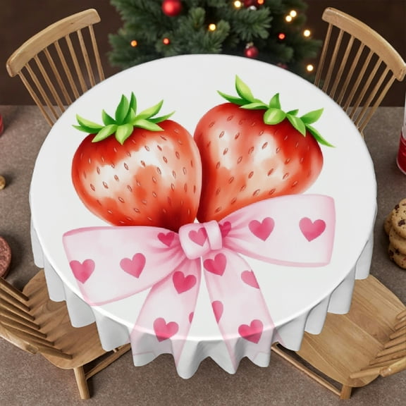 RKSupls 60 Inch Round Tablecloth, Heart Strawberry Bow Design Polyester Table Cover - Soft, Stain Resistant & Washable Decor for Wedding, Party, Holiday, Home Dining