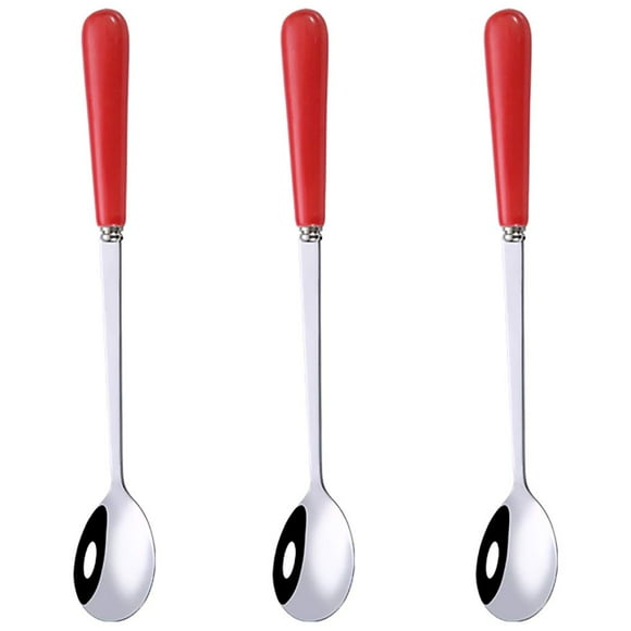 Goeielewe 3PCS Mixing Spoons for Coffee Dessert Ice Cream Milkshake Stainless Steel Iced Teaspoon with Ceramic Handle Tablespoons Espresso Cocktail Stirring Spoons 6.8-Inch (Red)