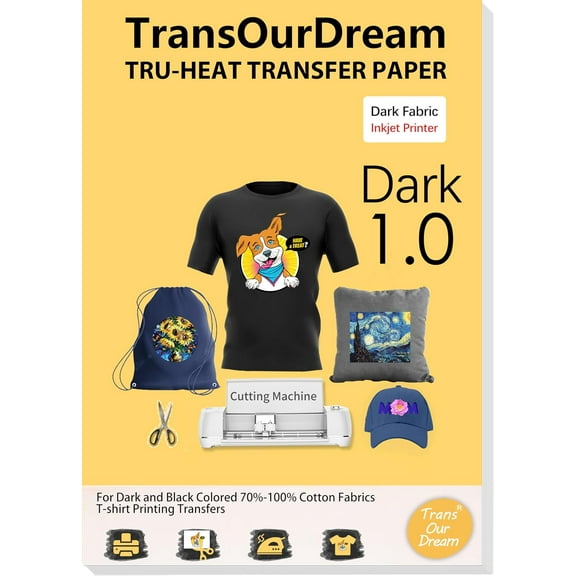Tru-Iron on Heat Transfer Paper for Dark Fabric (20 Sheets, 8.5x11") T Shirt Transfers Paper for Inkjet Printer Printable Heat Transfer Vinyl for T-Shirts (TOD-7)