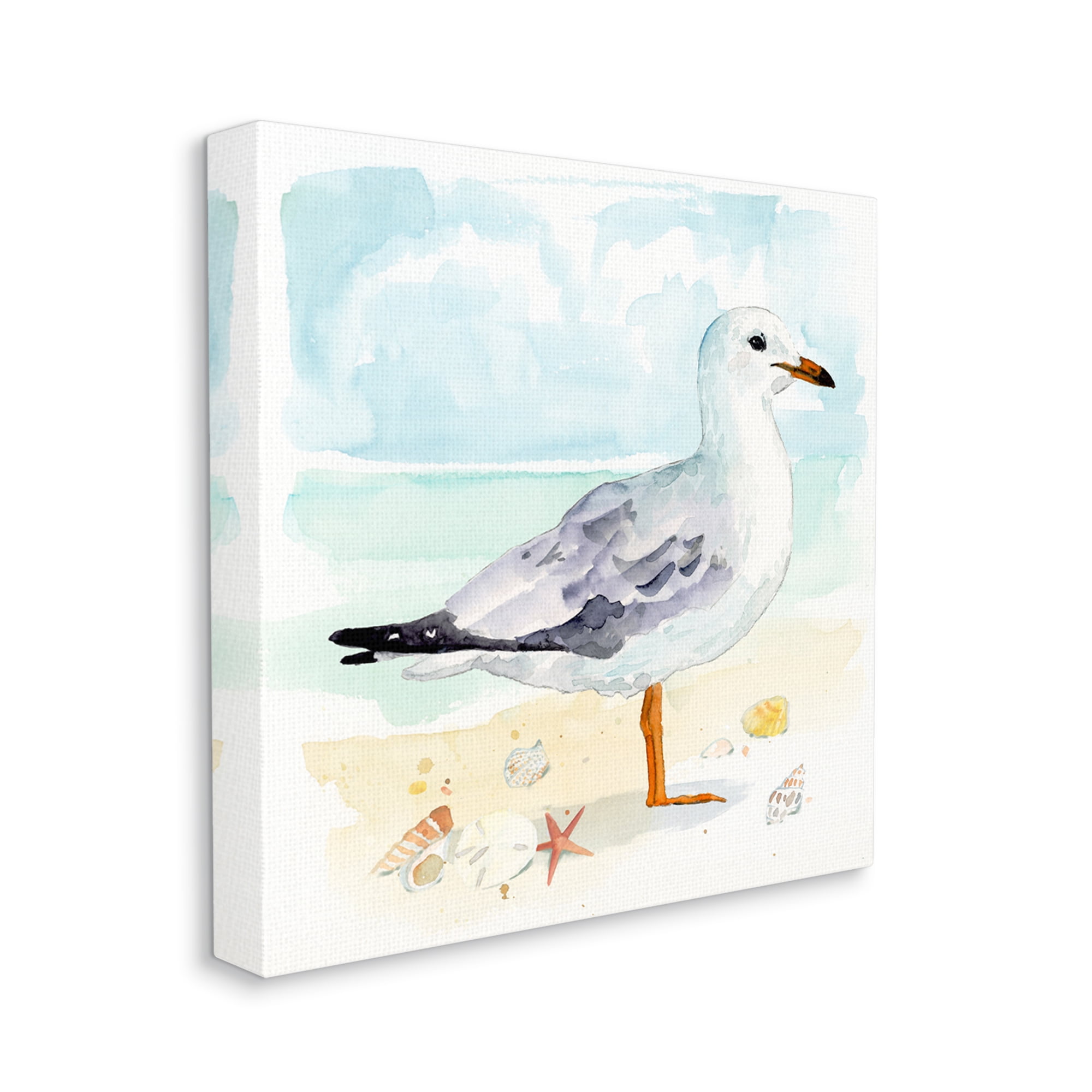 Stupell Industries Seagull & Seashells on Shore Animals & Insects Painting Gallery Wrapped Canvas Art Print Wall Art, 30 x 30