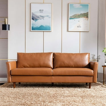 Miekor Furniture 80" Faux Leather Sofa Couch, Mid-Century Modern Sofa with Solid Wooden Frame & Padded Cushions, 3-Seater Couch for Living Room, Apartment, Lounge Room, Brown 43461
