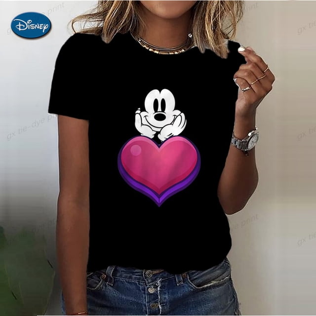 Disney Cartoon Tee Shirt Mickey Mouse Women Short Sleeve Print Love Sweet Cute 90s Clothing Casual Fashion Graphic T-shirtsL Gao Jinjia LED
