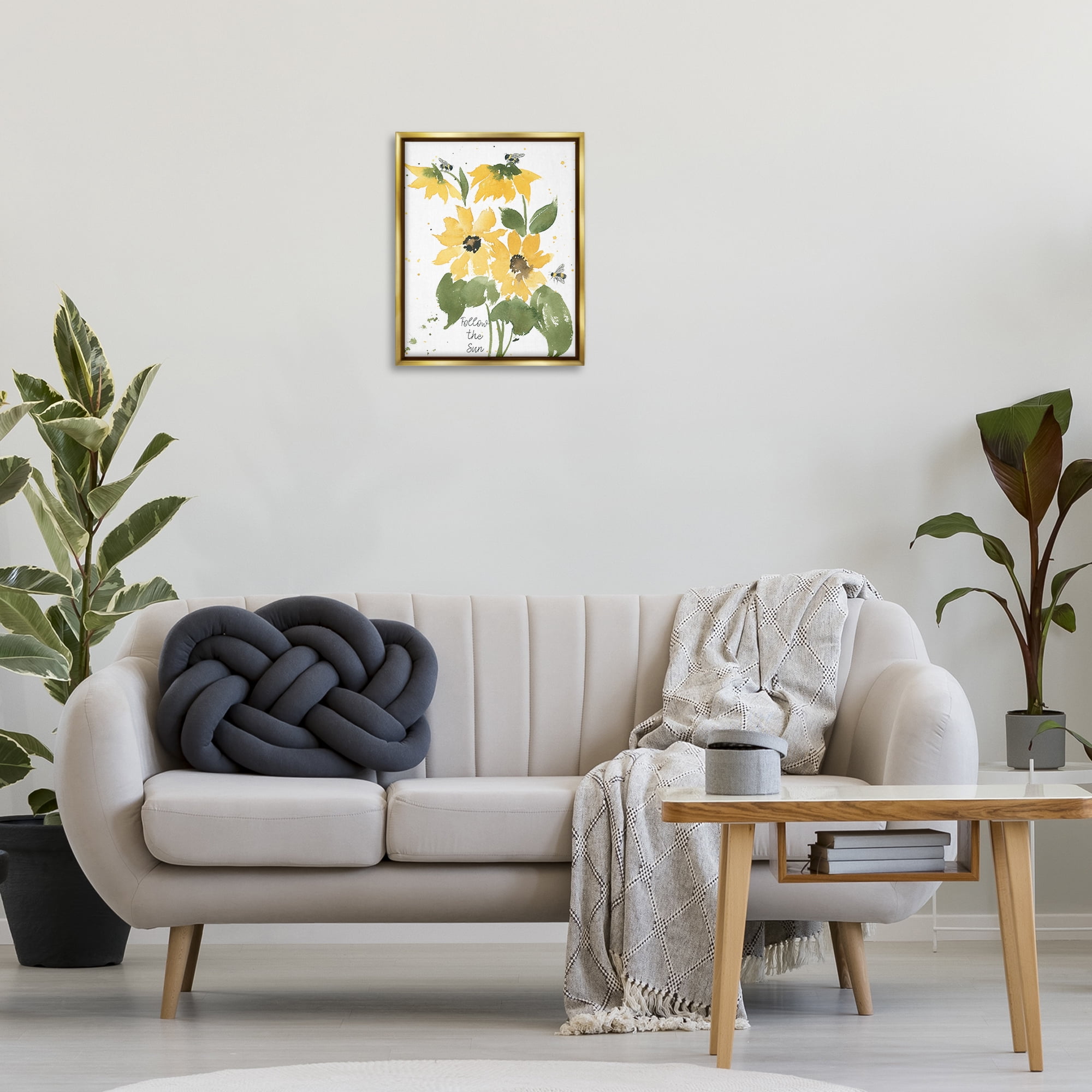 Stupell Industries Follow The Sun Phrase Botanical & Floral Painting Gold Floater Framed Art Print Wall Art, 17 x 21