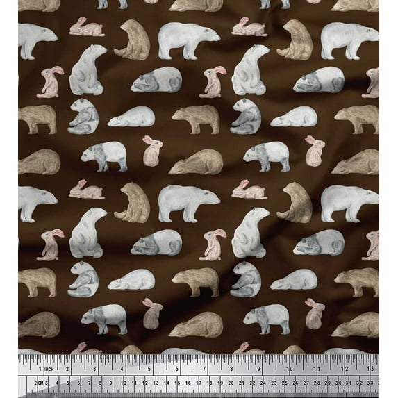 Soimoi Brown Viscose Chiffon Fabric Bear & Rabbit Animal Printed Fabric 1 Yard 42 Inch Wide