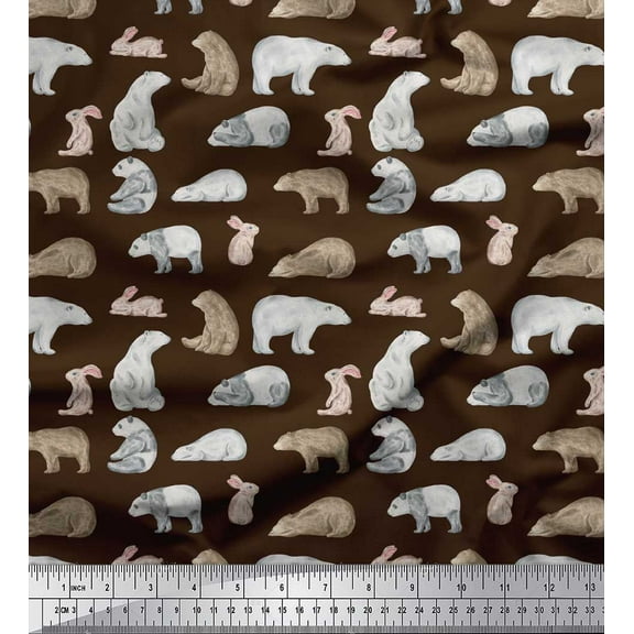 Soimoi Brown Cotton Duck Fabric Bear & Rabbit Animal Printed Fabric 1 Yard 44 Inch Wide