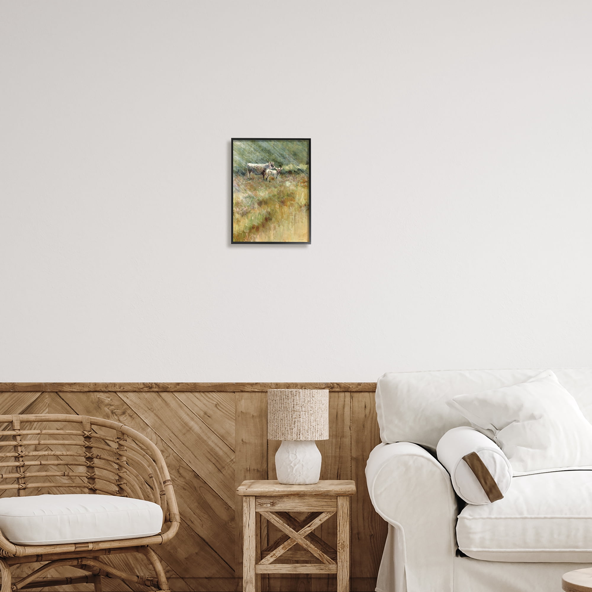 Stupell Sunlit Cattle Grazing Field Landscape Painting Black Framed Art Print Wall Art
