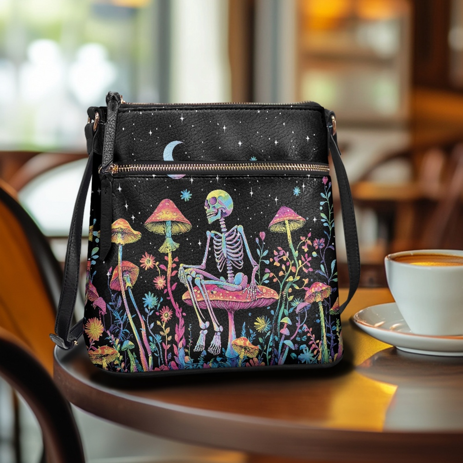 LedBack Skull Print Women's Crossbody Bag Leather Shoulder Handbag Sling Satchel Purse Multi Pocket Hobo Bag with Adjustable Shoulder Strap, Black