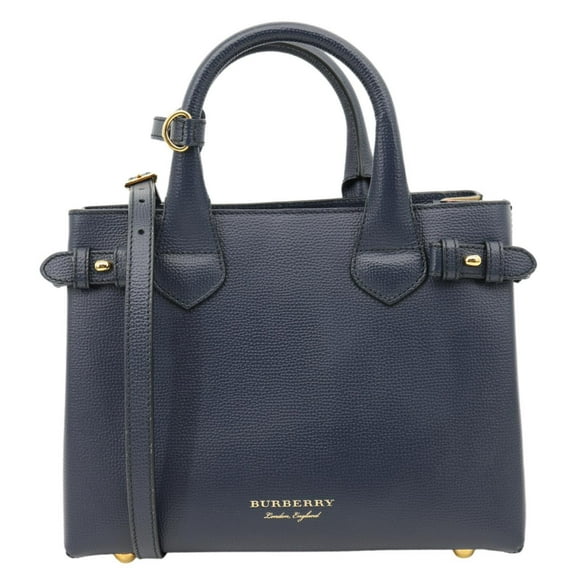 Pre-Owned Burberry Banner Small House Check Leather Tote Bag Navy Blue