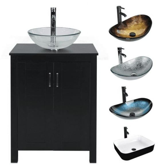 FULLWATT 24 inch Bathroom Vanity Set - Combo MDF Sink Cabinet Vanity with Counter Top Glass Vessel Sink Vanity and 1.5 GPM Faucet