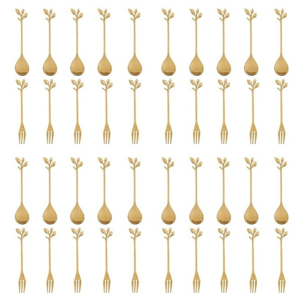 20 Cuchara + 20 Tenedores Hoja de Acero Inoxidable Cuchara para Pastel de Café Tenedor Cucharas Dorado