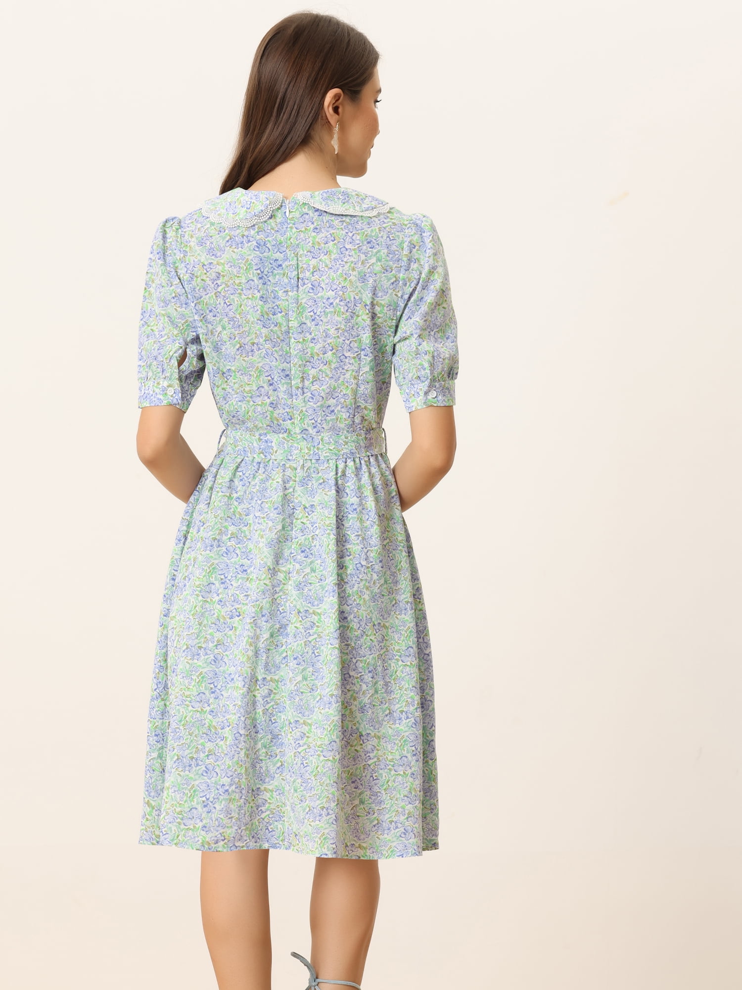 DARING DIVA Peter Pan Collar A-Line Flowy Midi Chiffon Floral Dress L White Floral