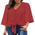 thumbnail image 4 of CHOK Women‘s Button Down V Neck Tops Ruffled 3/4 Sleeve Tie Knot Front Blouses White Sizes S-2XL, 4 of 8