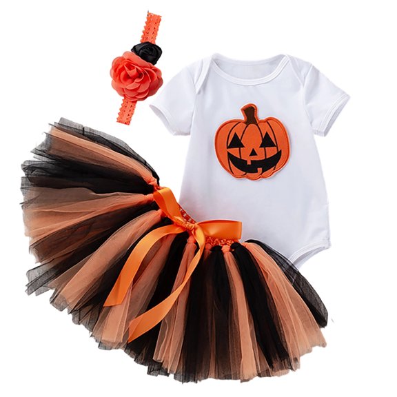 ZHOGXU Baby Girls Halloween Outfit Short Sleeve Pumpkin Printed Top Bow Lace Tutu Skirt Headband 3PCS Set For Kids,White,12-24 Months