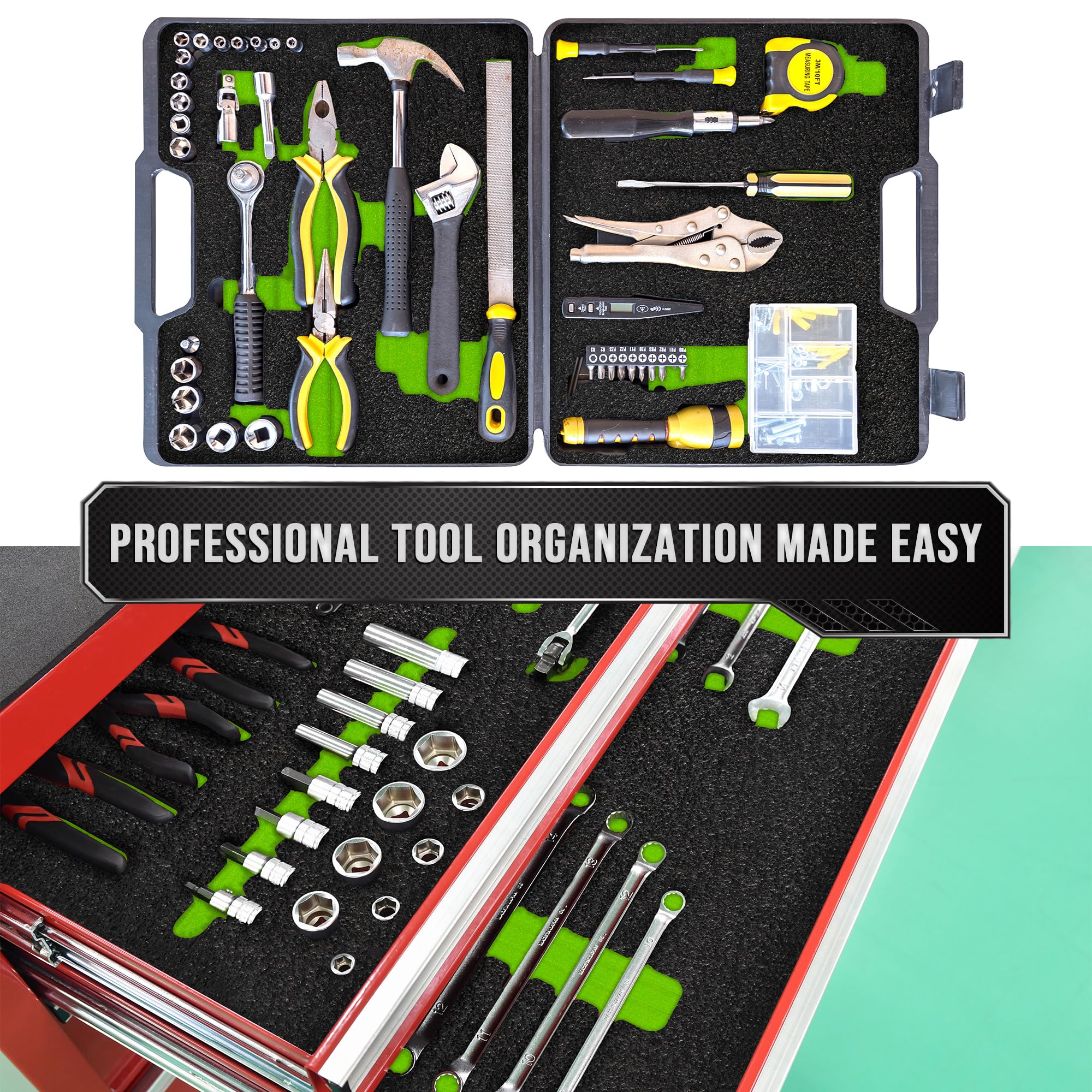 Precision Defined Tool Box Foam - Protective Inserts for Cases, Polyethylene Tool Foam for Cases, Cushion Insert for Toolboxes - 18" Black/Green (3 pack)
