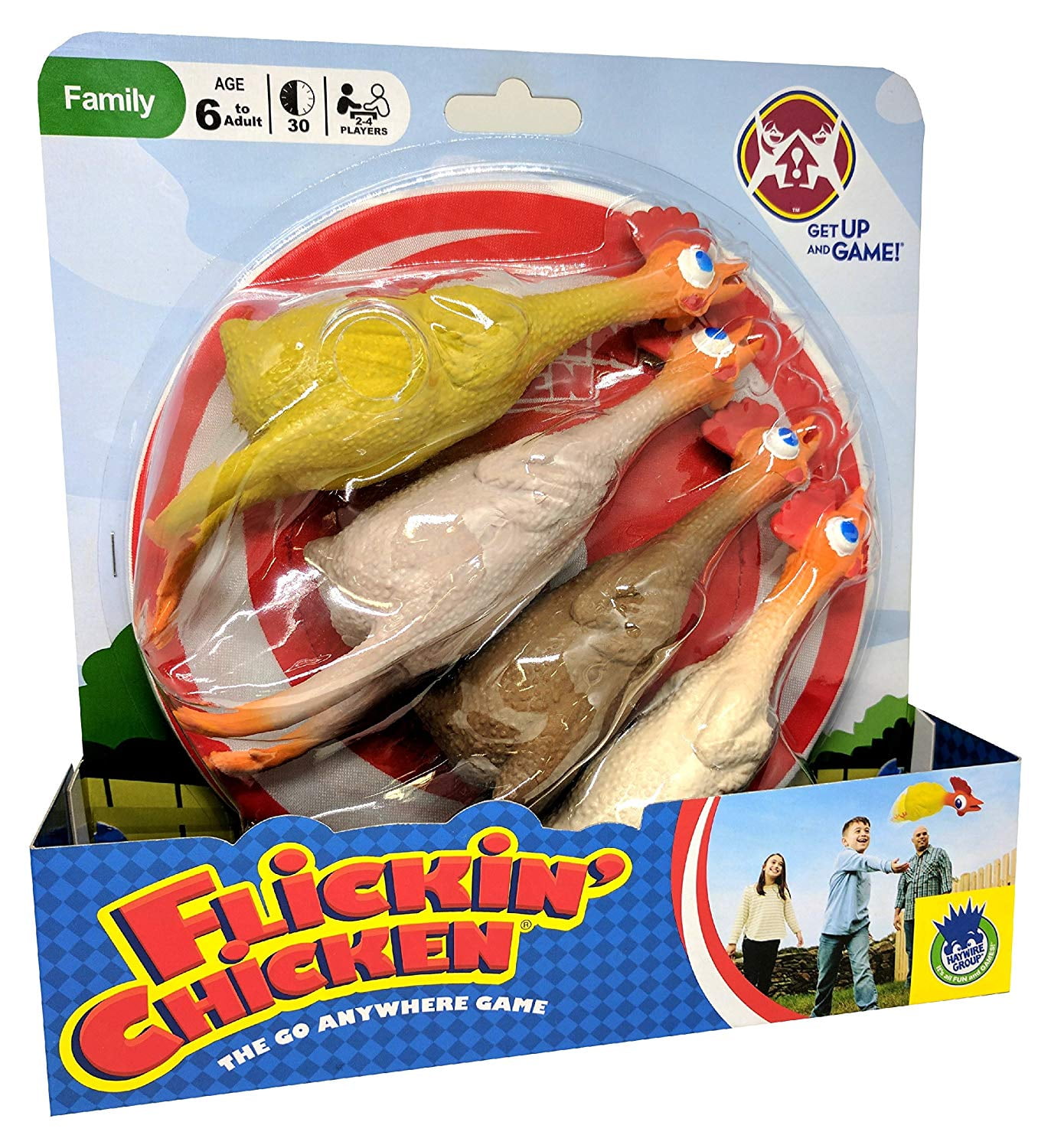 Flickin' Chicken, Includes four rubber chickens, a target disc and