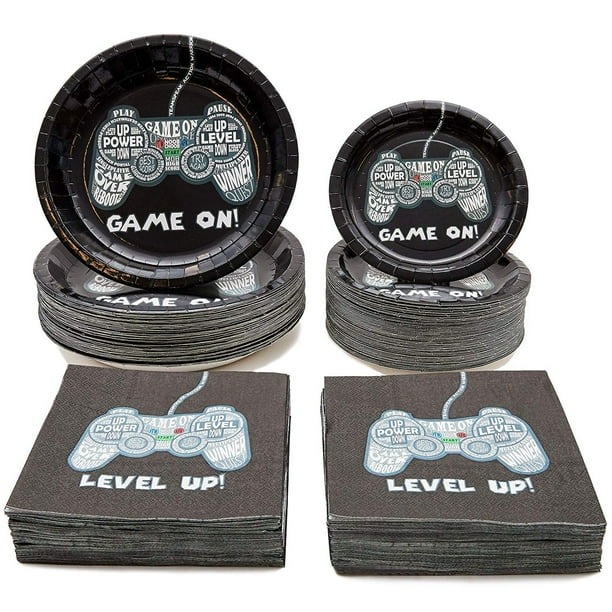 Serves 100 Video Game Party Supplies, 200PCS Plates Napkins Cups Knives