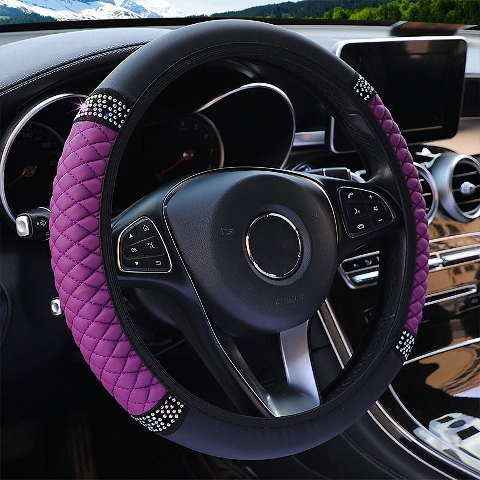 CAR PASS Bling Diamond Steering Wheel Cover - Sparkly Rhinestone, Universal Fit 14.5-15", PU Leather, Red - View #5