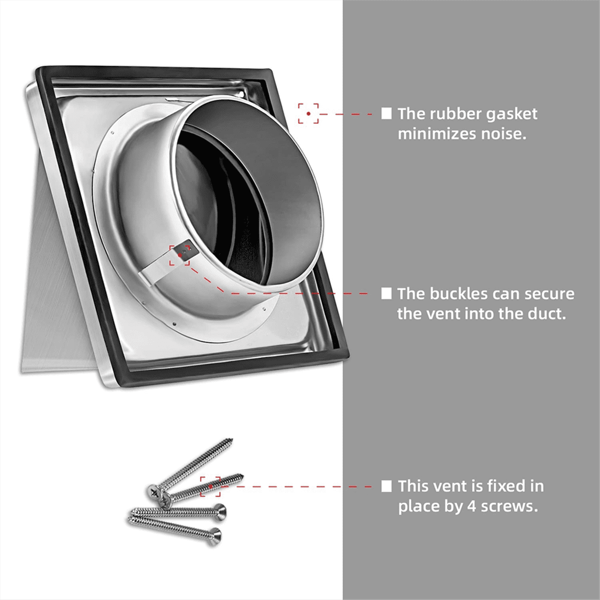 Symkmb 4-Inch External Extractor Wall Vent Outdoor Cushioned Non Return Flap Stainless steel Silver