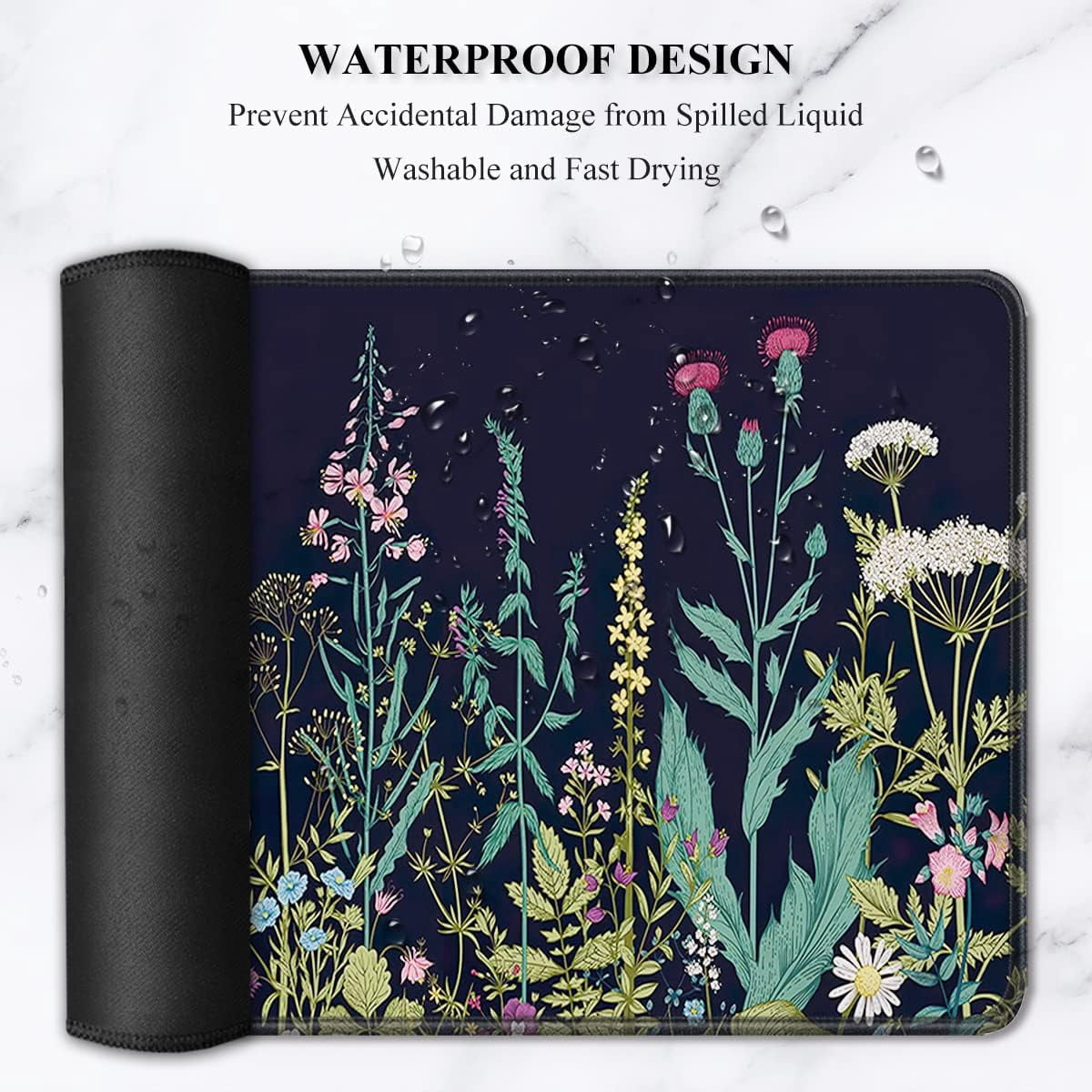 Desk Pad, XL Extended Large Gaming Mouse Pad 31.5 x 11.8 Inch, Waterproof Mousepad with Stitched Edges, Non-Slip Computer Keyboard Laptop Mat for Women Men Office Work, Silent Night Flowers