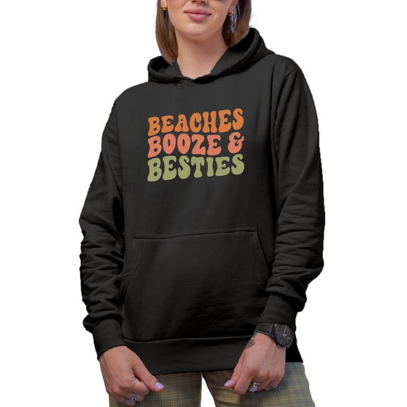 Beaches, Booze & Besties, Beach Lover Friends & Drinking Quote, Groovy Retro Wavy Text Merch Gift, Black Hooded Sweatshirt or Hoodie, Small
