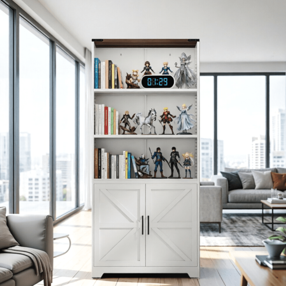 3-Tier Steel Barn Door Display Case, 69.7x31.5x15.4 Inches, Off-White With Contrasting Wood Grain