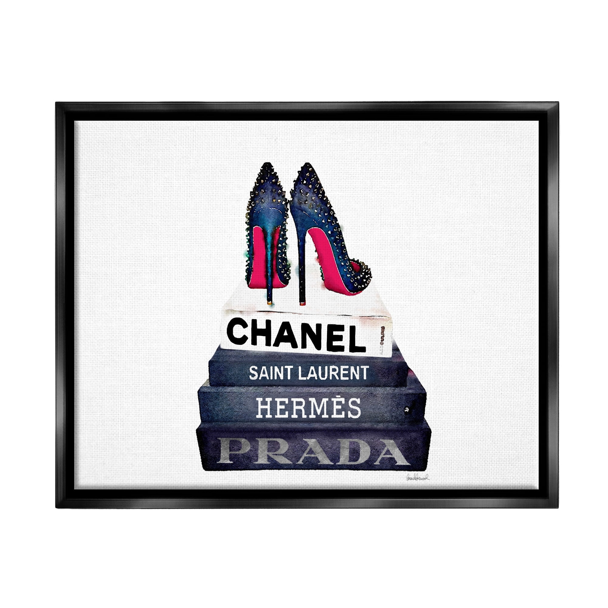 Stupell Industries Glam Fashion Book Set BW Stud Pump Heels Jet Black Framed Floating Canvas Wall Art, 16x20, by Amanda Greenwood