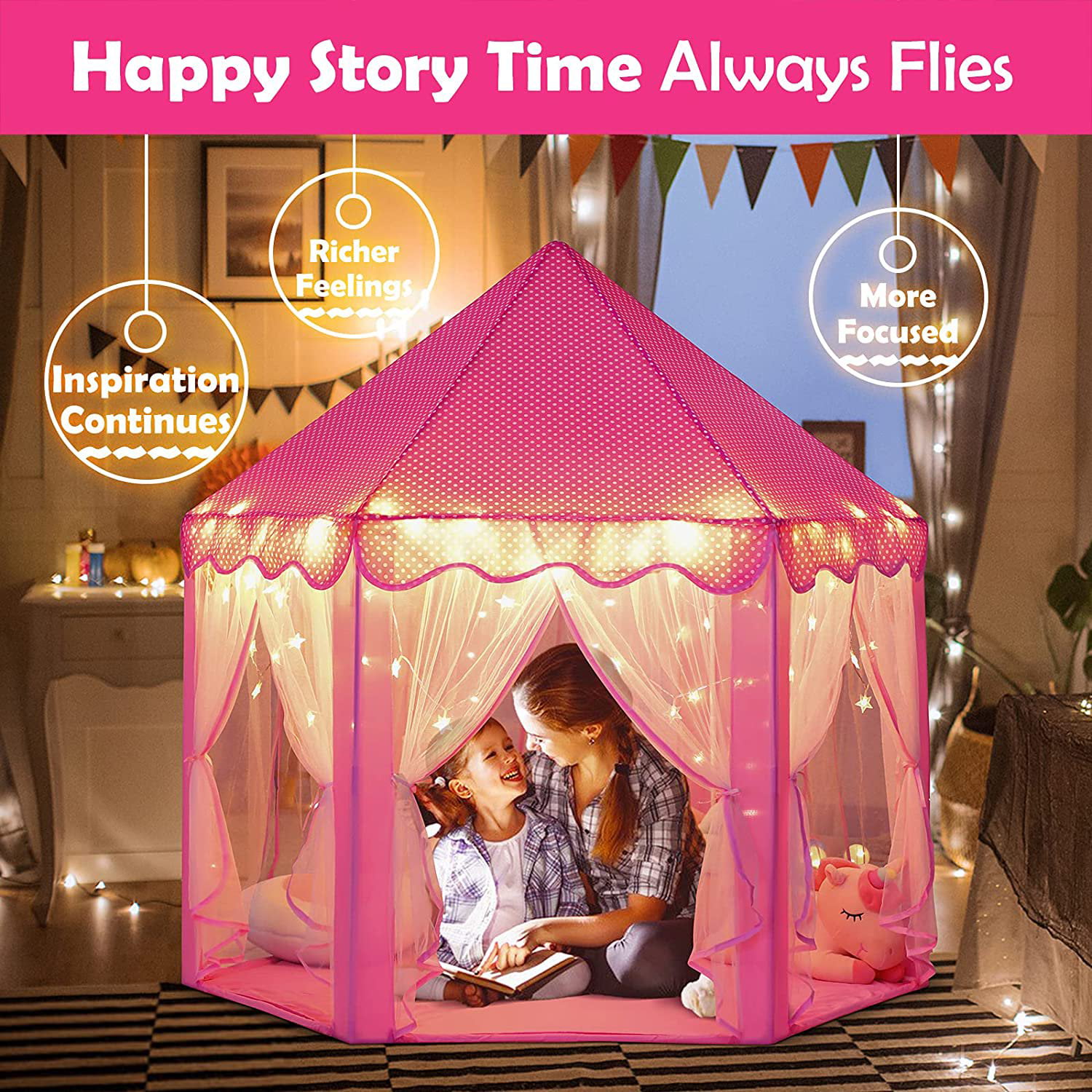 Princess Castle Tent With Large Star Lights String Durable Kids Playhouse for & for sale online 