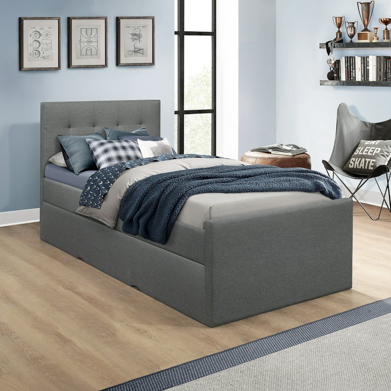 Emory Upholstered Twin Platform Bed with Trundle Gray by