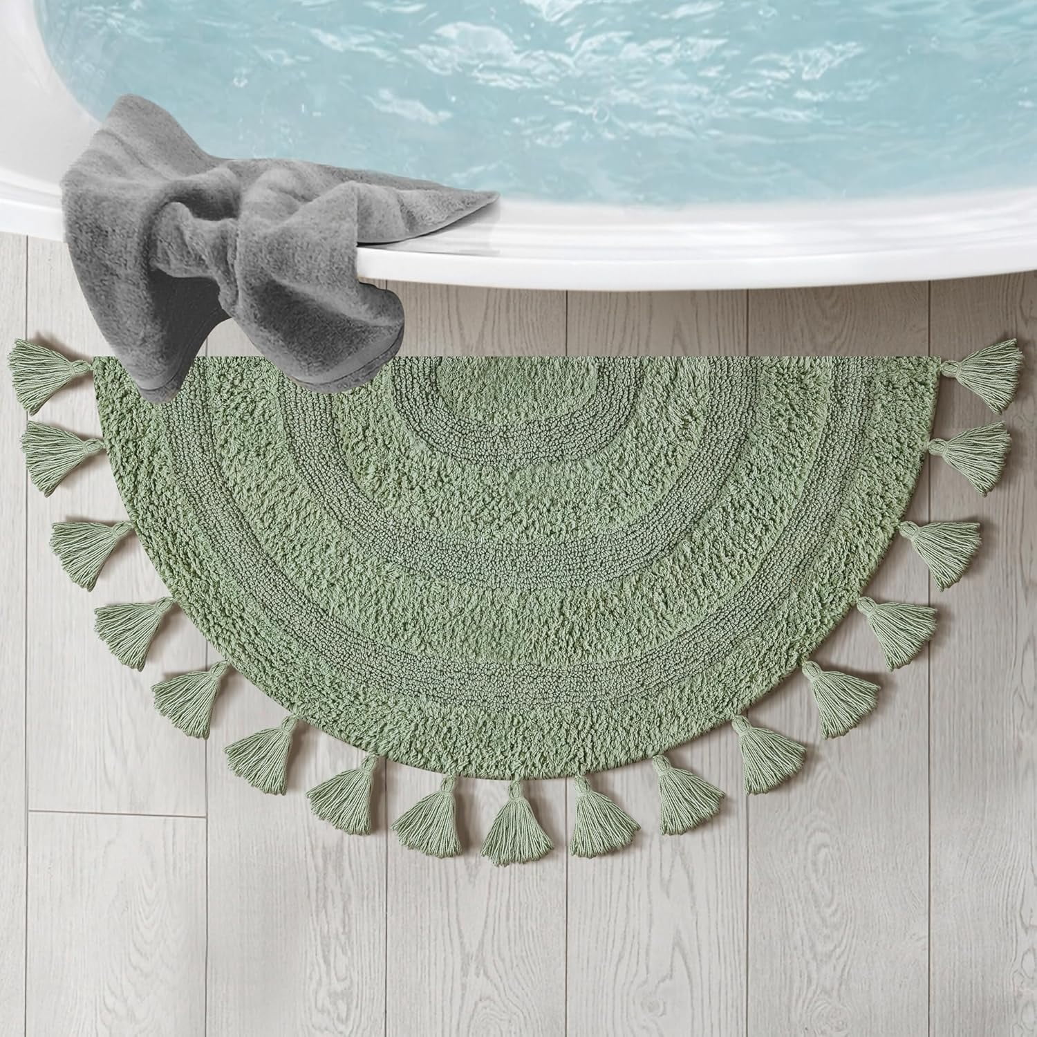 Savi Home Cotton Boho Half Circle Bath Mat, Sage Green, 22" x 36"