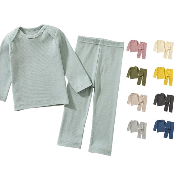 JAJAHO Boys Girls Cotton Pajamas Long Sleeve T Shirt And Pant Set, Solid Color 2-Piece, Sizes 2-8