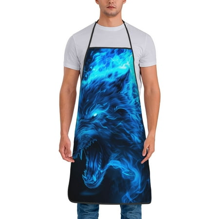 

Xecao Ice Blue Fire Wolf Print Funny BBQ Chef Aprons for Men Women Adjustable Kitchen Cooking Aprons with Pocket Waterproof Oil Proof No Pilling Fading