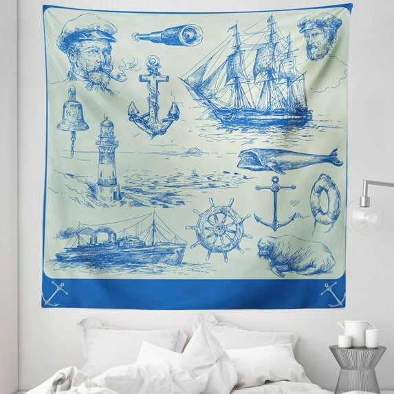 Fishing Tapestry, Whale Sail Boat Steering Wheel and Old Lighthouse Fishing Theme Sketchy, Fabric Wall Hanging Decor for Bedroom Living Room Dorm, 5 Sizes, Eggshell Blue, by Ambesonne