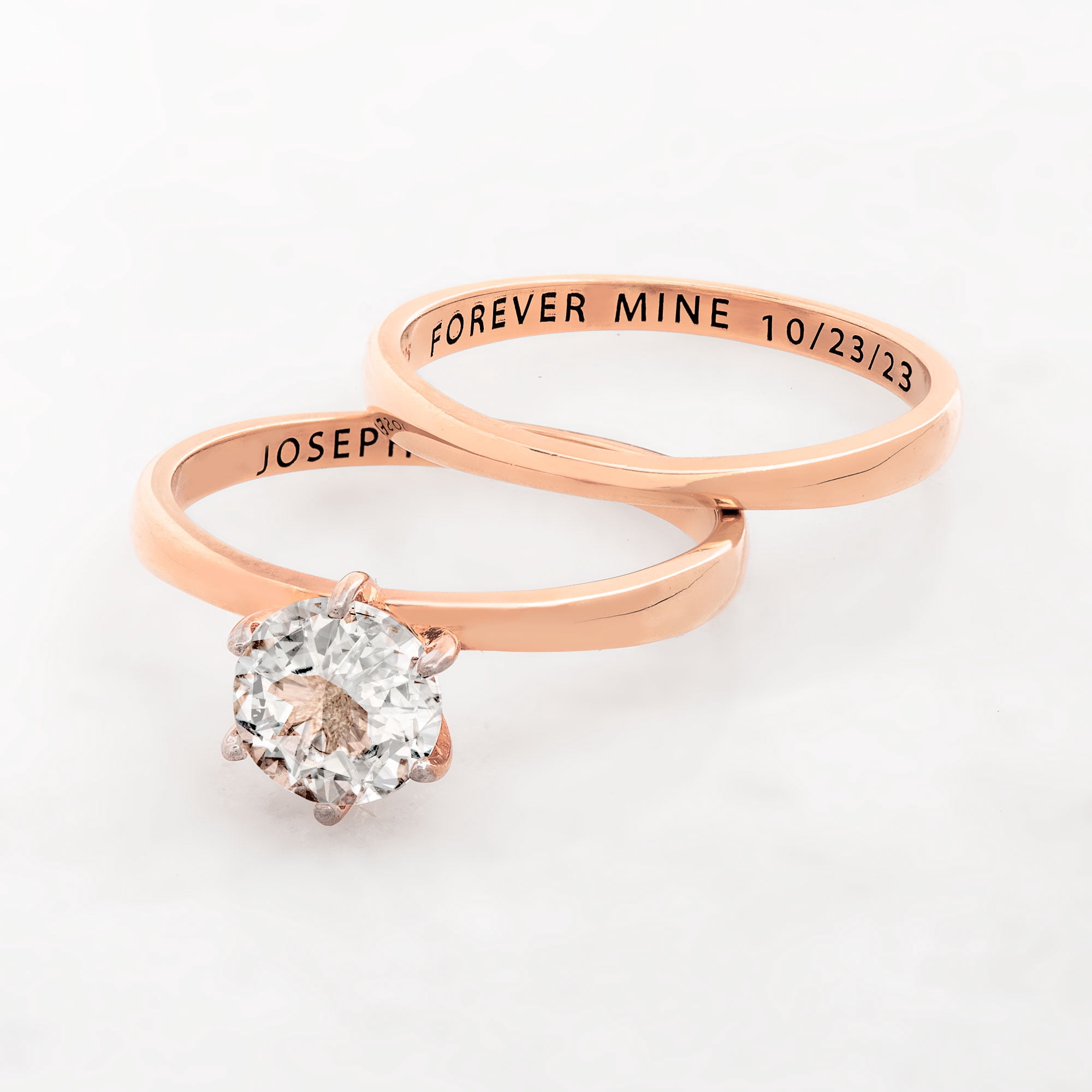 Vow & Forever Personalized Planet Bridal 14K Rose Gold over Sterling Silver Round White Topaz 2-Piece Engraved Wedding Ring Set ,Women's