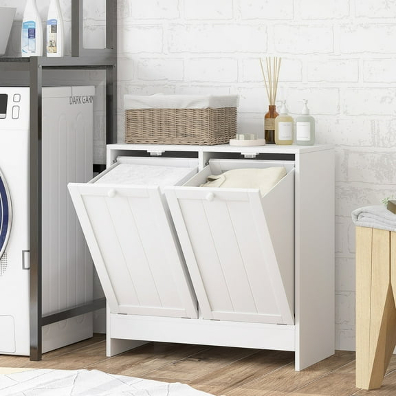 LINJH Tilt-out Laundry Storage Cabinet - White Finish with 2 Compartment Hampers, Water-Resistant Material for Laundry Room/Bathroom, Space-Saving Design for Dirty Clothes Sorting