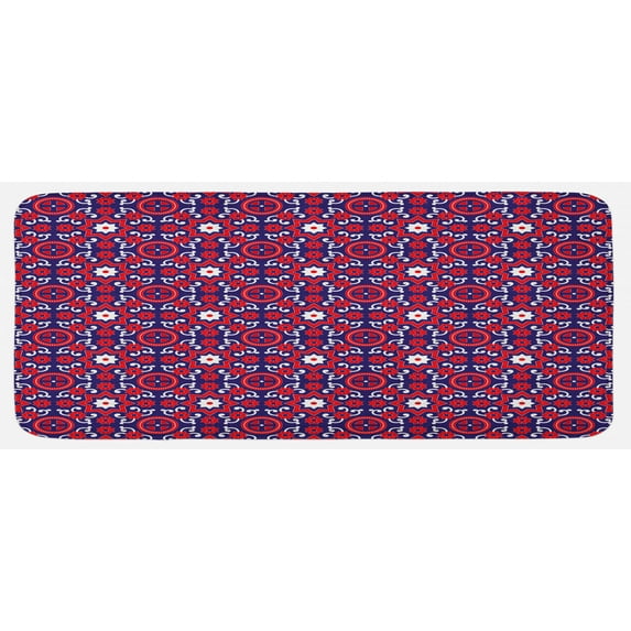 Orient Kitchen Mat, Moroccan Pattern with Middle Eastern Oriental Effects Old-Fashioned Design, Plush Decorative Kitchen Mat with Non Slip Backing, 47" X 19", Indigo Red White, by Ambesonne