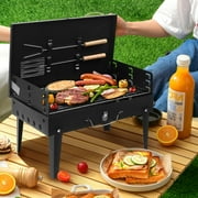 Portable Square BBQ Charcoal Grill for Patio, 44x27x22cm Foldable BBQ Grill with Lid, Adjustable Height Cooking Grid for Outdoor Picnic, Camping, Beach, Park, Black