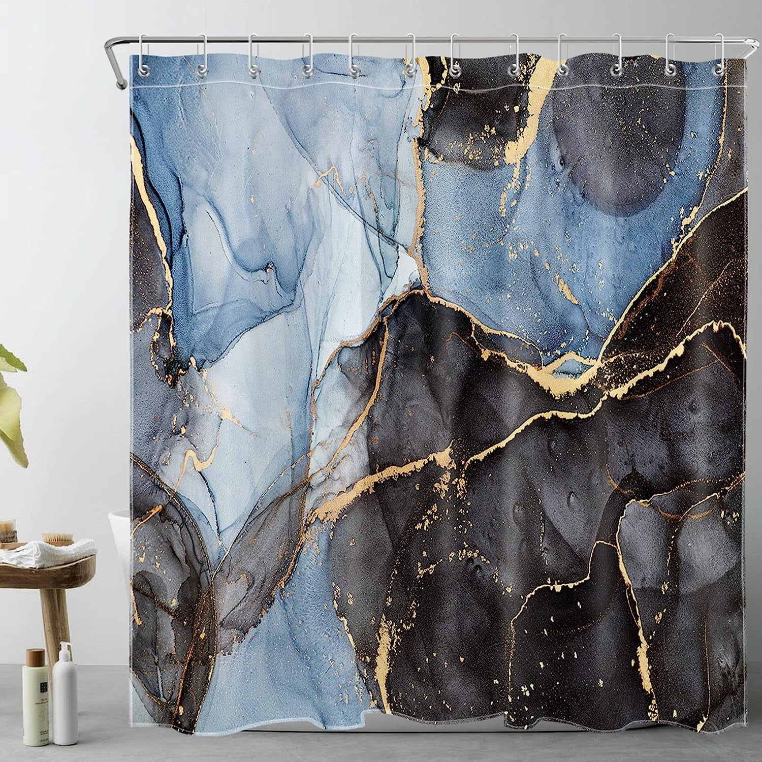 SPXUBZ Black and Blue Marble Shower Curtain Gold Striped Luxury